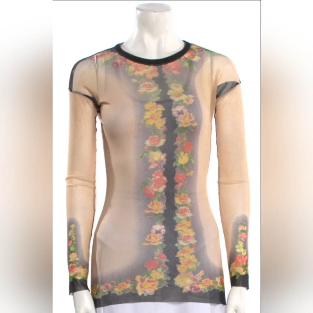 Vintage 2000's Y2K Jean Paul Gauliter Printed Flowers Mesh Top sz M
